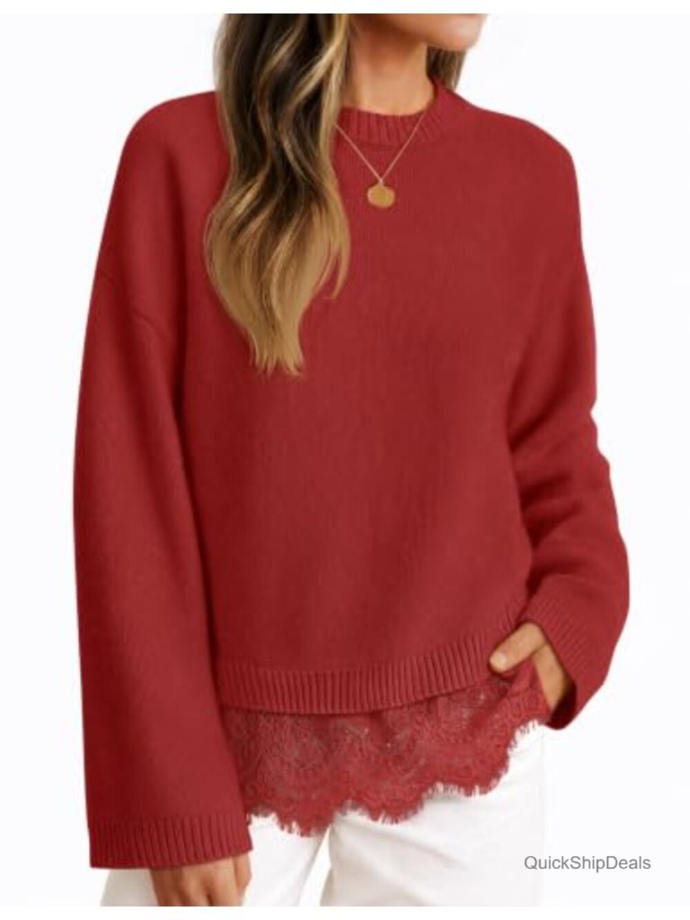 Lace Trim Pullover Sweater Crew Neck Drop Shoulder Long Sleeve Knit Top
